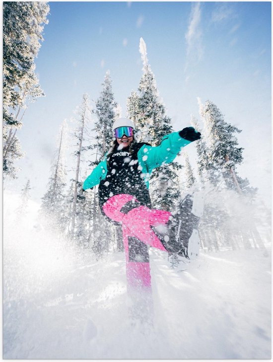 Poster – Sneeuw schoppende Snowboarder - 30x40cm Foto op Posterpapier