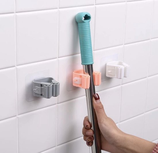 Repus tools - 3 stuks Bezem of Mop  Ophangsysteem - Badkamer accessoires - Badkamer ophangsysteem - Bezem Houder Voor Tuingereedschap - Zelfklevend - Mop Houder - Grijs