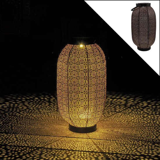 Gadgy Solar Lantaarn Bloem groot – zwart/goud – metaal - Solar tuinverlichting op zonneenergie – Led buitenverlichting met dag/nacht sensor – Tafellamp / Tuinlantaarn - 36 x Ø20 cm