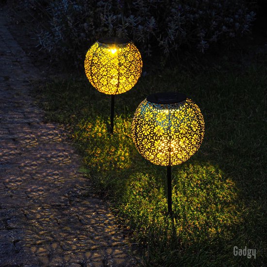 Gadgy Solar Tuinpad met grondspies – Solar Tuinverlichting - set van 2 st.– 34 hoog – Brons kleurig metaal – Tuinverlichting op zonneenergie buiten – Led buitenverlichting met sensor - Tuinfakkel / Tuinsteker / Tuinlantaarn