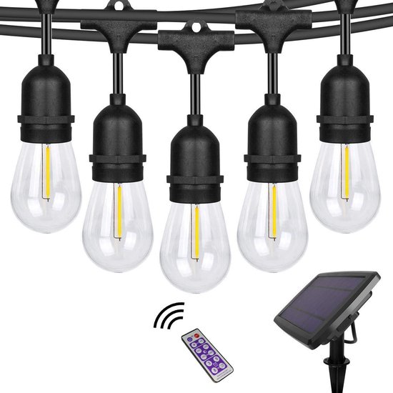 Tuinverlichting op zonne-energie inclusief lampen - Solar lichtslinger – Feest verlichting– Lichtsnoer – Werkt op lichtsensor -15 Leds - 14 meter – Met afstandsbediening – USB oplaadbaar