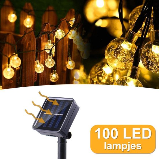 Verlichting Snoer op zonne energie - Solar 100 Led lampjes - 12 meter - Ø2,5 cm Warm Wit Kristal - Buiten - Tuinverlichting - Party Lichtslinger - Gadgetpanda