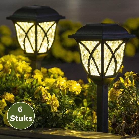 Relaxreus | Solar LED tuinverlichting | Set van 6 stuks | Warm wit | Brandt 8 uur | Automatische verlichting voor de tuin op zonne-energie | Buitenverlichting | Padverlichting