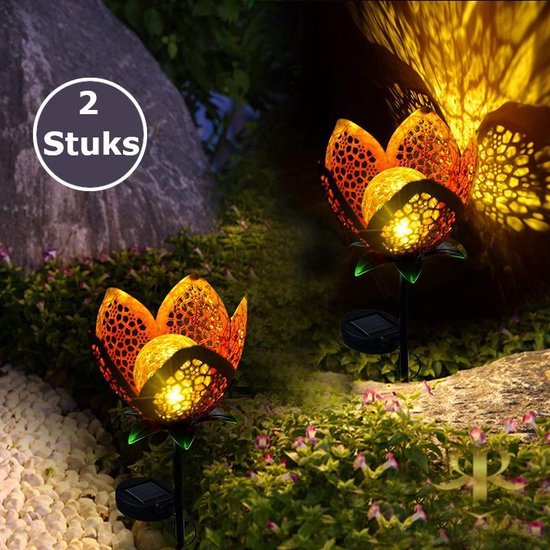 Relaxreus | Solar LED bloem | Set van 2 stuks | Warm wit | Brandt 8-10 uur | RVS | IP65 waterdicht | Automatische aan-uit timer | Buitenverlichting | Padverlichting | Tuinverlichting