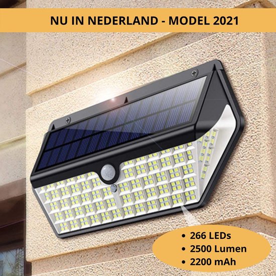 Aximo® Solar Buitenlamp met Bewegingssensor – 266 LEDs - Tuinverlichting op zonne-energie – Wandlamp - Dag en nacht sensor – Buitenverlichting 2500 lumen - 3 standen