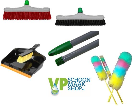 Veegset stof Plumeau, stoffer en blik Straatbezem  40 cm en zachte bezem 40  inclusief stelen
