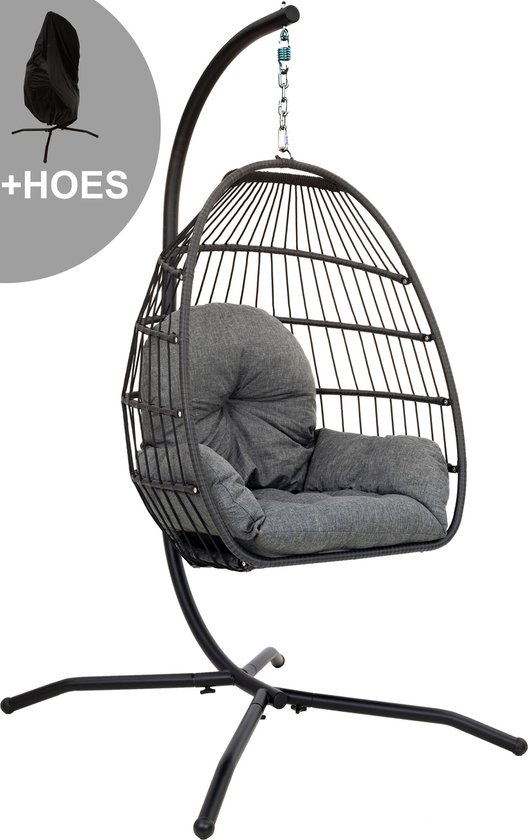 Hangstoel voor Binnen & Buiten. Opvouwbare Egg Hangstoel met Standaard. Met Frame, Kussen & Beschermhoes. Hangstoel Cocon volwassenen & kinderen. Belastbaar tot 150 kg. VITA5 (Grijs)