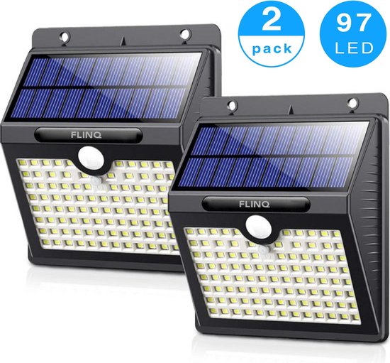 FlinQ Solar Buitenlamp met Bewegingssensor - 97 LEDs - Wit Licht -Tuinverlichting op Zonneenergie - IP65 Waterdicht - Voor Tuin/Wand/Oprit - 2 Stuks