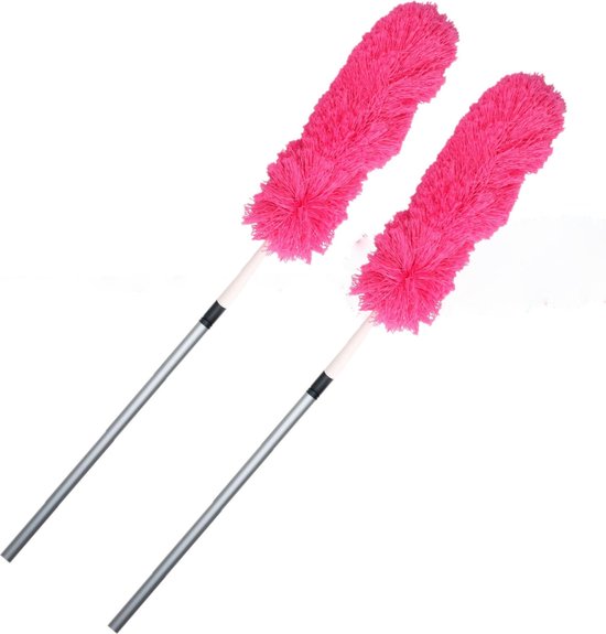 Set van 2x stuks microvezel plumeau/duster met telescoopsteel roze 75 - 150 cm - Huishuidelijke producten/schoonmaken/afstoffen