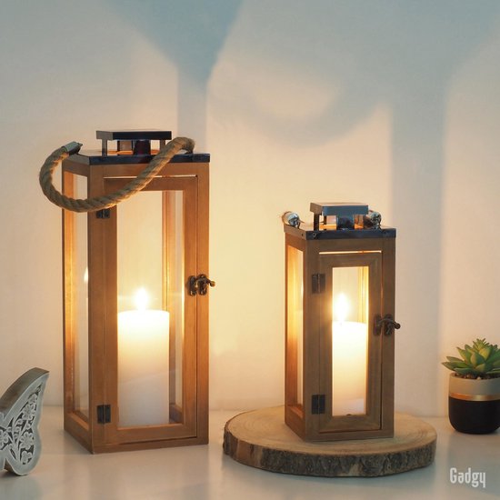 Gadgy Lantaarn Windlicht - Set van 2 st - Hout / Glas - 42 en 29 cm hoog - kaarsenhouder - kandelaar