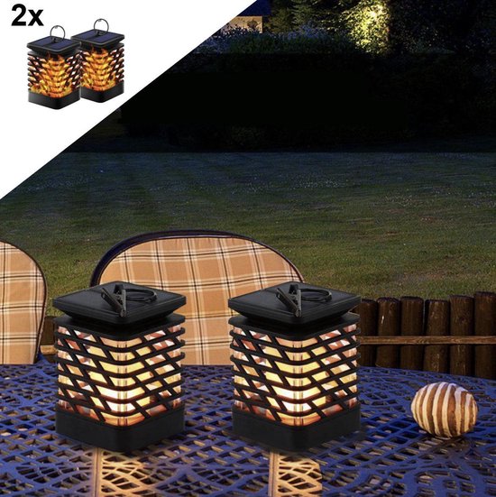 VoordeelShop Solar Tafellamp set van 2 stuks - 13.8cm - Zwart - Solar tuinverlichting - Led buitenverlichting op zonne energie met sensor - Tuin fakkel - Voor binnen en buiten - Vlam effect