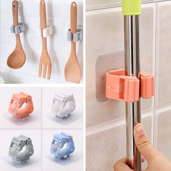 Keuken Badkamer houder-Dweilhouder-Badkamer accessoires-Zelfklevend Mop Houder-Kwaliteit Mop organizer- Mop Haak Rekken-Hanger Organizer-Keuken badkamer-Schoonmaakartikelen Grijs 2 stuks