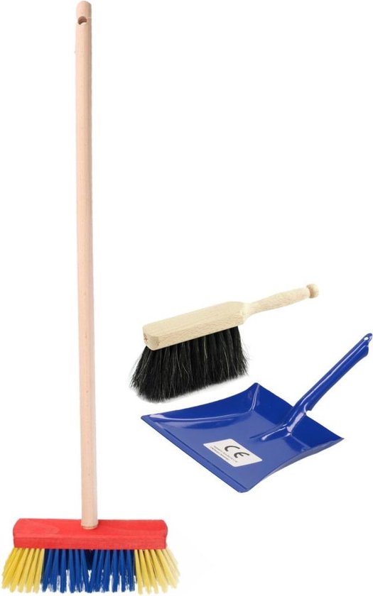 Kinder schoonmaak set - Stoffer en blik met bezem blauw - 3-delige speelgoed set