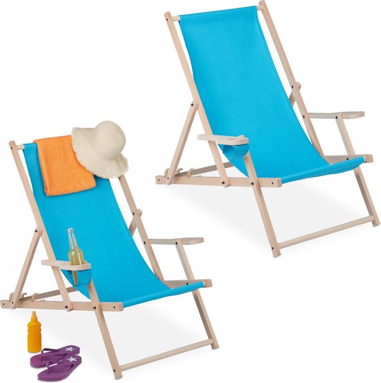 relaxdays strandstoel hout set van 2 - met armleuning - inklapbare ligstoel - campingstoel grijs