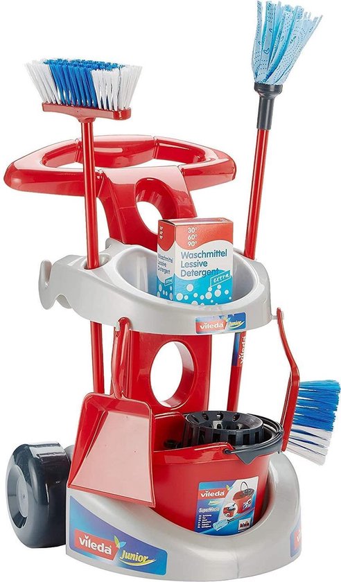 Schoonmaakset met rolkar - Schoonmaakkar voorzien van bezem, dweil, wringer, stoffer en blik - Dweilsysteem op wielen - Huishoudspeelgoed