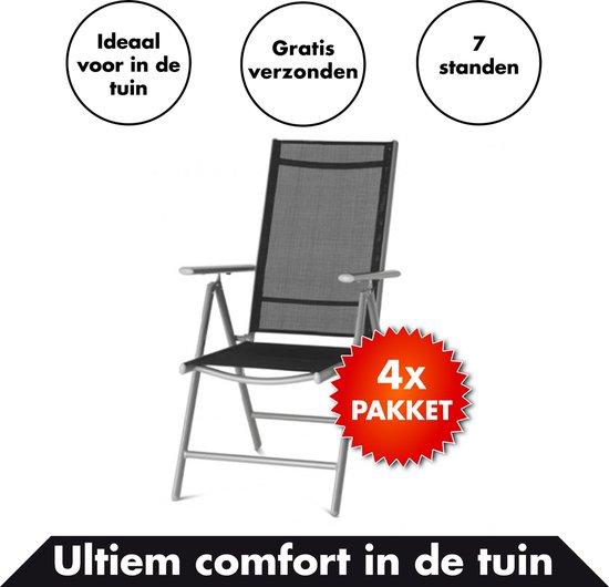 Luxe Tuinstoelen met 7 Standen - 4 stuks - Zwart / Antraciet - Tuinstoel Aluminium - Verstelbare Tuinstoel - Verstelbaar Aluminium Standenstoel Buiten Tuin Stoel Weerbestendig - Campingstoelen Inklapbaar Stoelen Opvouwbaar Balkonstoel - Campingstoel