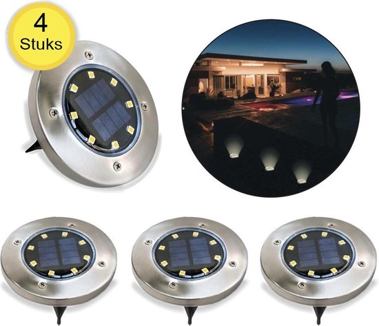 VoordeelShop LED Solar Grondspots 4 Stuks - Tuinverlichting - Zilver - Zonne energie - Solar tuinverlichting - Weerbestendig