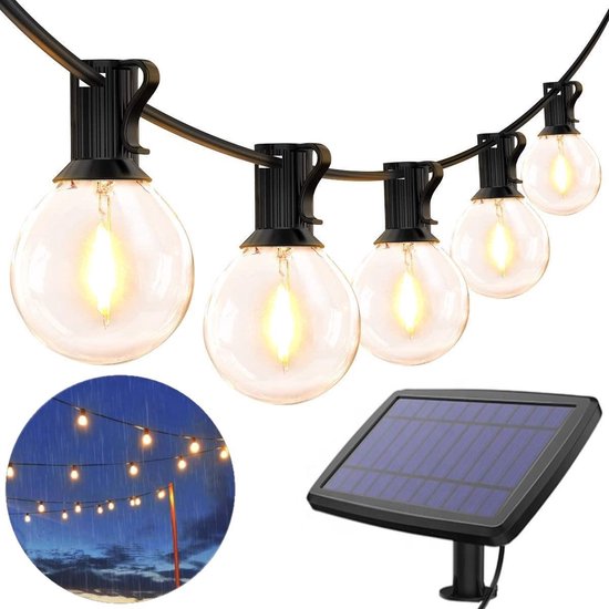 Lichtslinger buiten op zonne energie 25 LED E12 lampen warm licht - lampsnoer - buitenverlichting - zonnepaneel - feestverlichting - solar - tuinverlichting