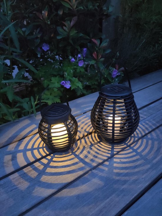 FlinQ Solar Light Lantaarn Set Gemini - Set van 2 Lantaarns - 16cm en 21 cm - Solar tuinverlichting - Zonne-energie tuinlantaarn - Tafellamp