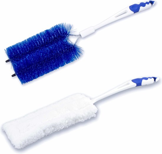 2- Delige verwarming schoonmaakset  blauw/wit - microvezel borstel - Dubbele radiator borstel