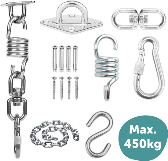 BuffelSports - Luxe Ophangsysteem - Inclusief Ketting - Plafondbeugel Bokszak - Ophanghaak - Plafondhaak - Bokszakken - Hangstoel - Hangmat - Schommel -  Hangstoel - Multifunctioneel - 450kg - Complete set  - Binnen & buiten