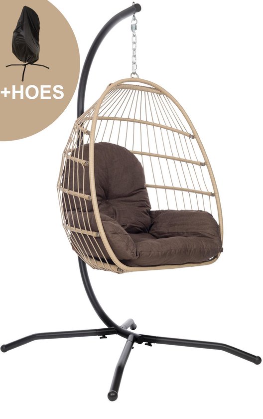 Hangstoel voor Binnen & Buiten. Opvouwbare Egg Hangstoel met Standaard. Met Frame, Kussen & Beschermhoes. Hangstoel Cocon volwassenen & kinderen. Belastbaar tot 150 kg. VITA5 (Beige)