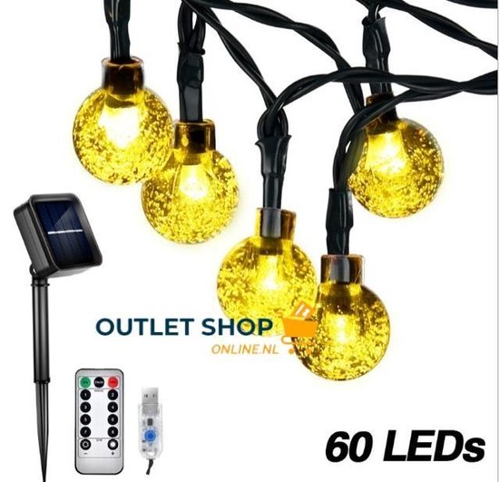 Lichtsnoer 10 m 60 LEDs Ø 2 cm Multicolor Solar - USB en zonne energie - 10 meter - afstandsbediening 8 standen en dimfunctie - IP65 - buiten en binnen verlichting - tuinverlichting - feestverlichting - partyverlichting