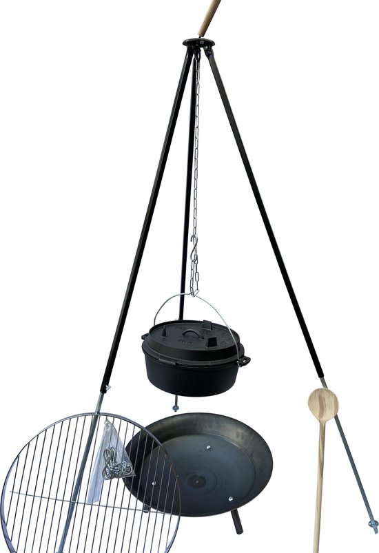 Super complete set met Dutch oven 6.1 L, grillrooster, vuurschaal en houten lepel.