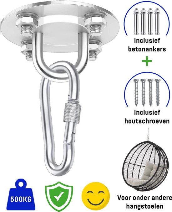 Plafondhaak – Ophangsysteem – Ophanghaak – Hangstoel – Hangmat – Bokszak – RVS – Binnen en buiten – 500KG