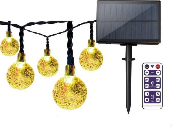 Tuinverlichting op zonne-energie - Solar lichtslinger – Feest verlichting– Lichtsnoer – 60 Leds – 11 meter – Met afstandsbediening – Dimbaar – Glasbolletjes – Warm licht