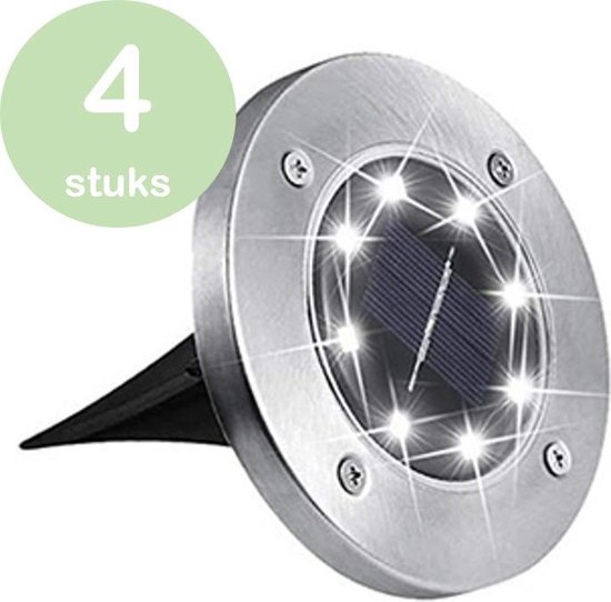 LED Solar Grondspot - Set van 4 stuks - Tuinverlichting op zonne-energie - 10 uur licht - Waterdicht - RVS Solar grond spots - Pad verlichting - Grasmaaier bestendig - Zonne energie - Buitenverlichting - Tuinlamp voor buiten