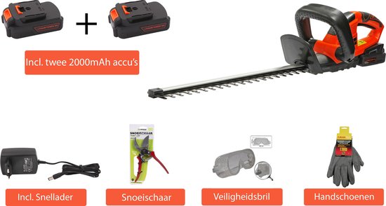 Kibani Accu Heggenschaar – inclusief extra li-ion accu 2000 mAh, snoeischaar, beschermbril & handschoen –  51 cm Zwaardlengte - 18V