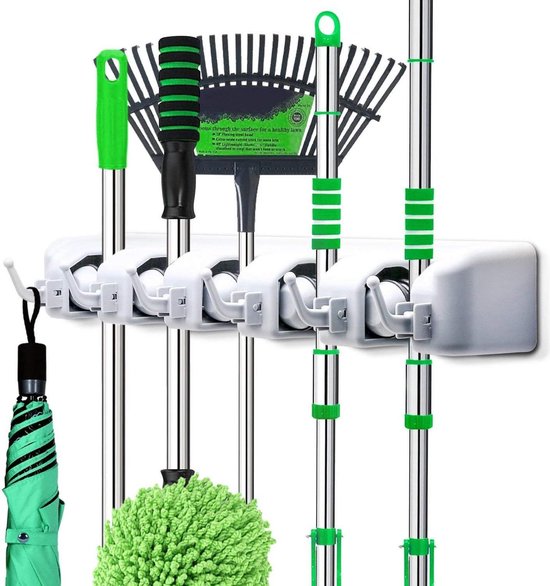 ophangsysteem tuingereedschap - Zinaps Broom Holder, Wall Tool Holder met 5 snelle releases en 6 haken, Perfect Mop Broom Organizer Bar voor Tuing Tools Keuken Badkamer Garage (WK 02131)