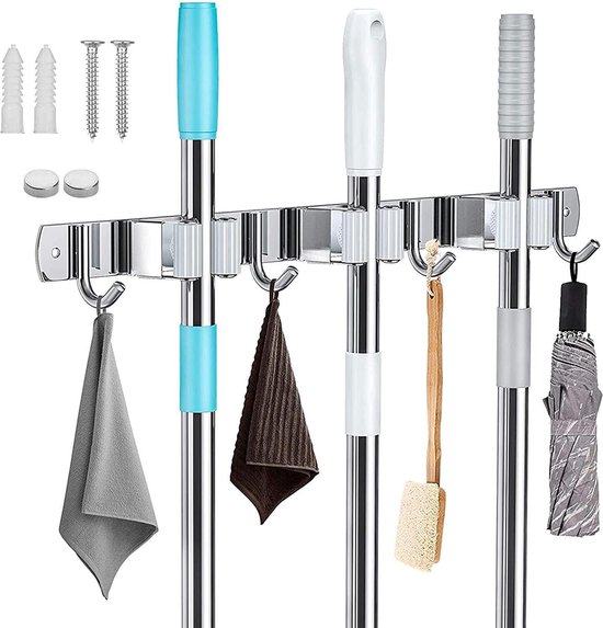 ophangsysteem tuingereedschap - Zinaps Broom Houder Muur Zelfklevende Wandbevestiging met 3 Slots en 4 Haken voor Badkamer Keuken Tuin Garage Grijs (WK 02131)