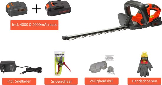 Kibani Accu Heggenschaar – inclusief li-ion accu 2000 mAh & 4000mAh, snoeischaar, beschermbril & handschoen –  51 cm Zwaardlengte - 18V