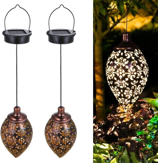 Homèlle Solar Tuinlantaarn met nachtsensor - 2 stuks - Tuinverlichting op zonne-energie - Kerstverlichting - Buitenverlichting - LED - Donker brons/ goud - IP65 waterdicht - Buitenlamp - Hanglamp