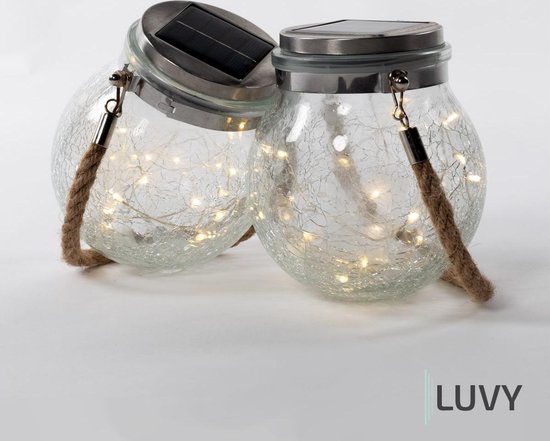 Luvy Solar Garden Light met 20 fairy lights - Tuinlantaarn - Buiten verlichting - Set van 2 - Solar tuinverlichting - Hanglamp - LED - Tuindecoratie