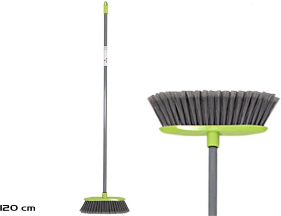 Stevige Bezem | Binnenbezem Eco - zachte kunststof veegmachine met lange steel, grijsgroen 120cm