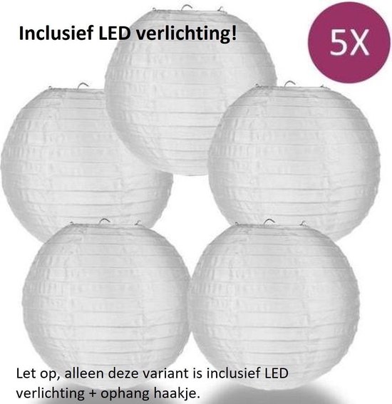 Nylon lampion - wit - 5 stuks - INCLUSIEF LED VERLICHTING - ophanghaakjes - waterbestendig - Tuinverlichting