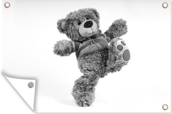 Tuindecoratie Schoppende teddybeer tegen lichte achtergrond - zwart wit - 60x40 cm - Tuinposter