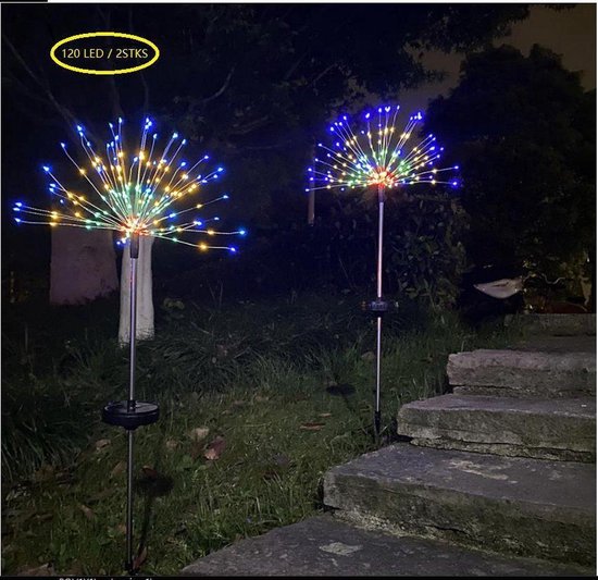 BOTC - 120 Leds Solar Vuurwerk met grondspies - Set van 2 st. - 90cm hoog - Lichten Outdoor Paardebloem - Waterdichte - Kleurrijk - Twee modi: altijd op / knipperen - Tuinverlichting op zonneenergie buiten