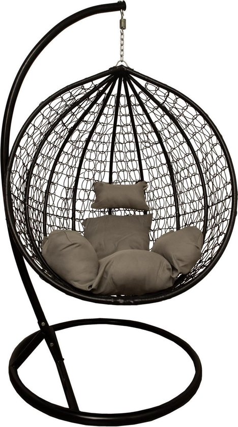 Egg Hangstoel - Hangstoel Cocoon - Hangstoel voor Binnen - Egg chair - Zwart met Grijs/Bruine Kussens