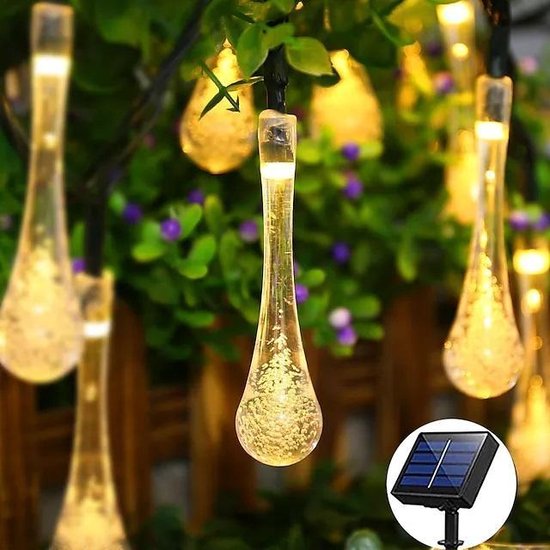 Solar Led Tuinverlichting | Raindrop lichtsnoer op zonne-energie + USB | Tuindecoratie | 9 Meter | 50 led lampjes + afstandsbediening | Feestelijke verlichting | Waterproof |  Te leuk voor in de tuin | Warm wit licht