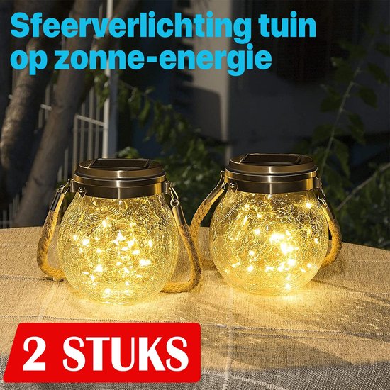 Tuinverlichting op zonne-energie - Solar Lantaarns Craquelé Glas - Set van 2 - Zilver/metaal - Solar tuinverlichting op zonneenergie - sfeer in de tuin -  Led buitenverlichting met dag/nacht sensor - Tafellamp / Hanglamp / Tuinlantaarn - 14 x Ø 12 cm