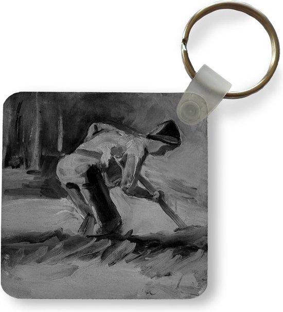 Sleutelhanger - Gebukte man met stok of schop - Schilderij van Vincent van Gogh - zwart wit - Plastic