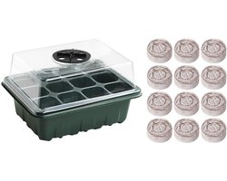Kiempot - Kiembakje - Kiemset - Zaailing Set - Zaailing Schaal - Herbruikbaar - Met hoge deksel en ventilatie - Kasset - Voor kamerplanten of vensterbanken - Groen - 12 vakken - Met 12 zaaiblokjes