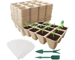 Set van 10 kweekbakken – 120 biologisch afbreekbare kweekpotjes van papierpulp – inclusief 10 labels en twee plantgereedschappen – geschikt voor binnentuinieren, het kweken van zaailingen en het overpotten