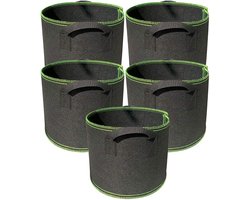 Planten groeizak - Kweekzak - Kweekzakken Set - 5 Stuks - Zwart met Groen - Vilt - Beluchting Plantenzakken - Grow Bags - Kweekbak - Moestuin - Handvaten - Wasbaar - Herbruikbaar