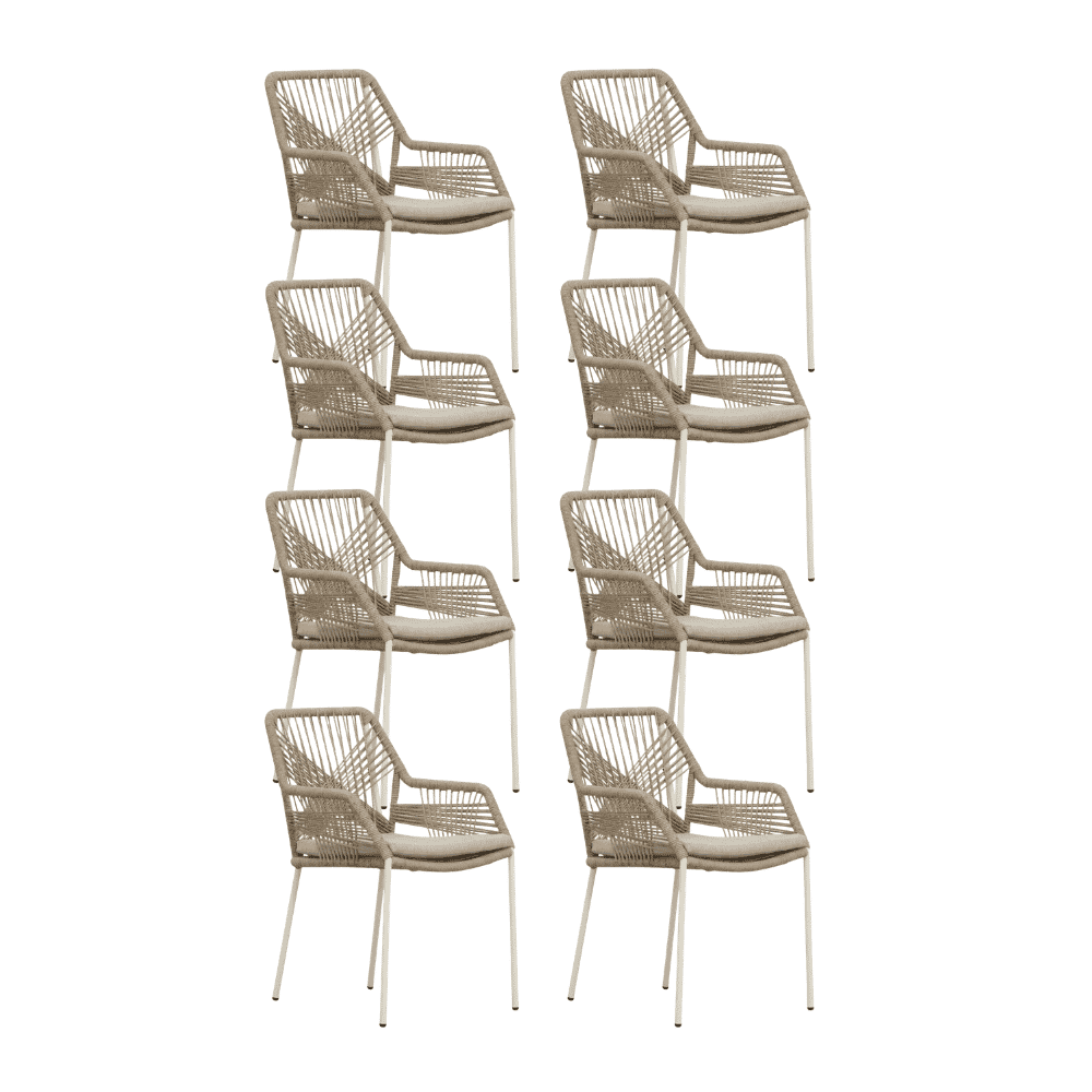 Seville dining tuinstoel set van 8 | touw + staal | beige